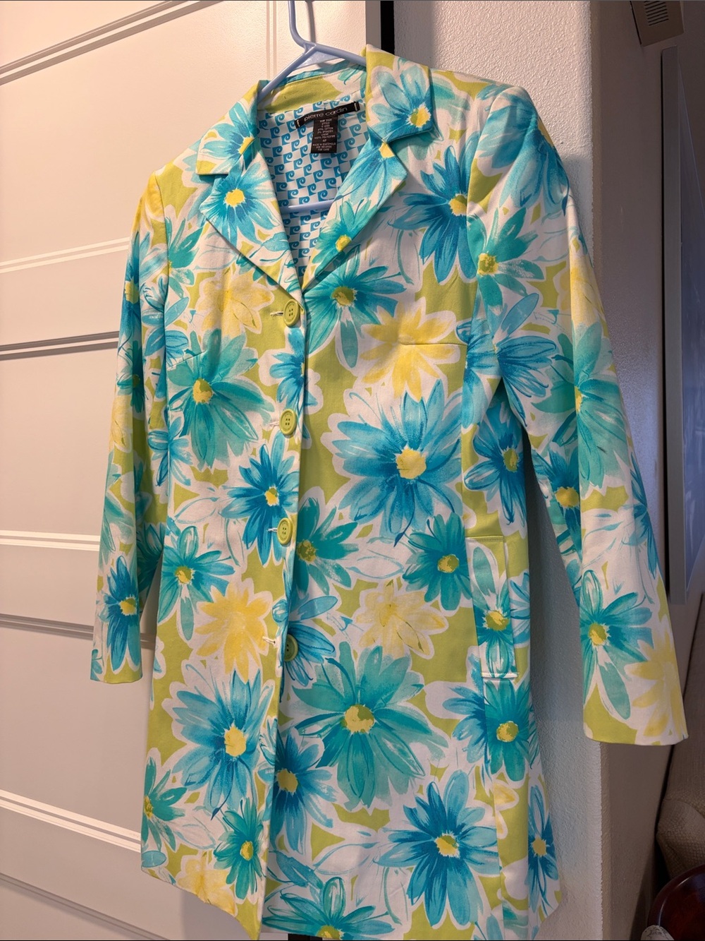 Pierre Cardin Aqua Blue & Yellow Floral Trench Coat